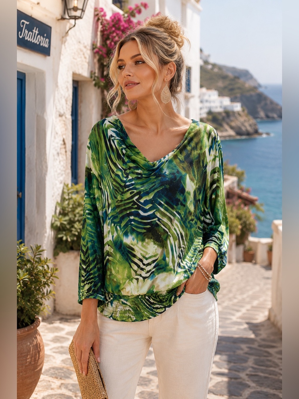 I.N. Studio Green Blue Abstract Cowl Neck Blouse Large Keyhole Back Resort Top